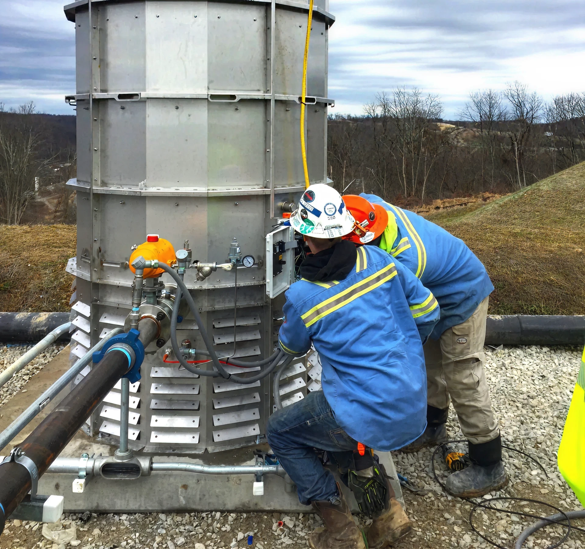 Workers inspecting industrial equipment outdoors