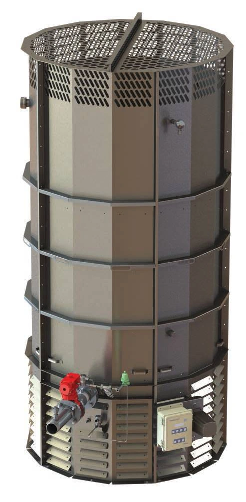 Tall cylindrical industrial container with metal bands.